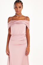 Elegant misty rose off the shoulder silk maxi dress