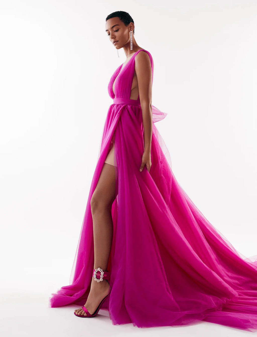 Fuchsia Bow Back Maxi Evening Tulle Dress