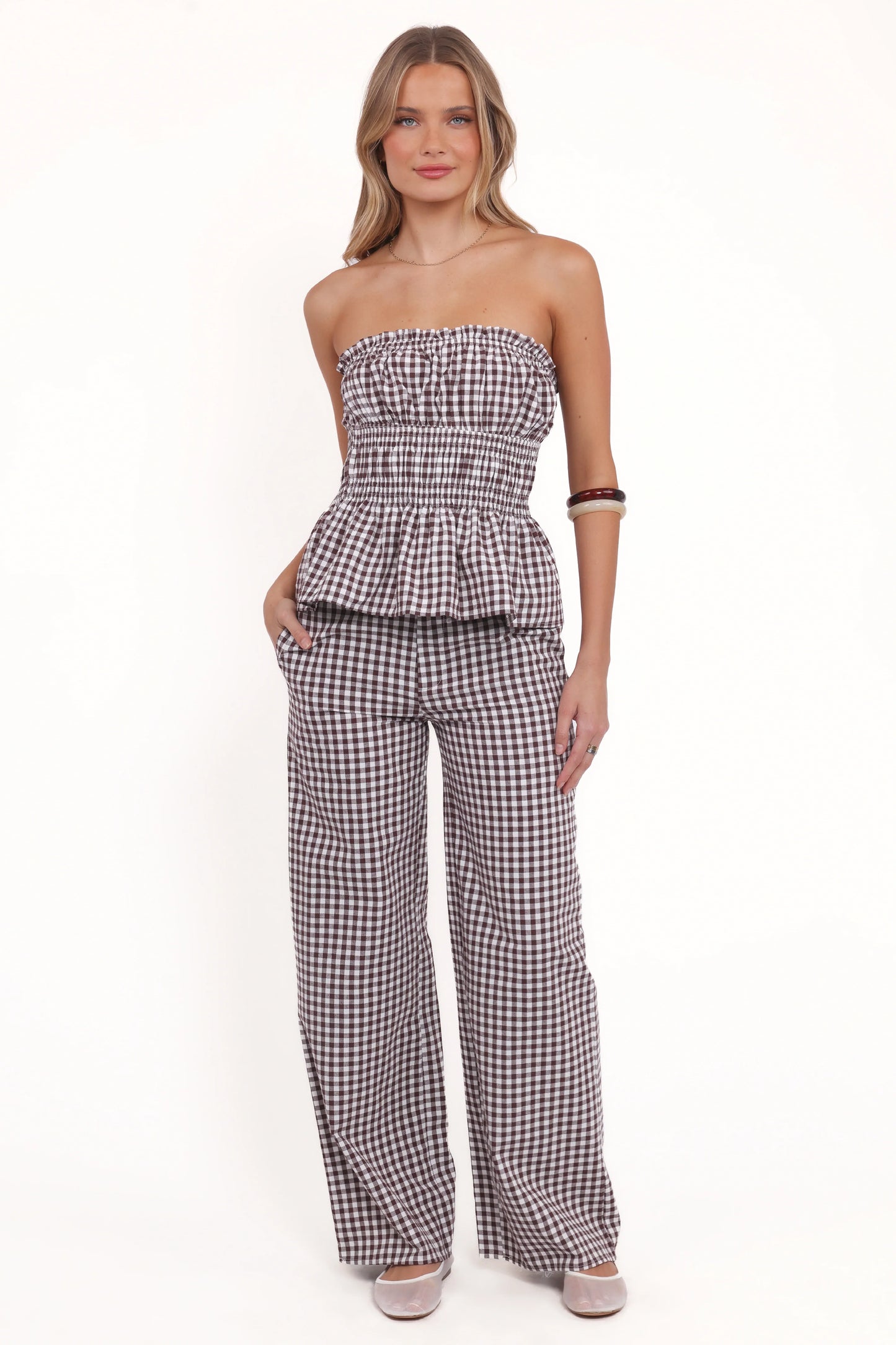 Amity Strapless Top Brown Gingham