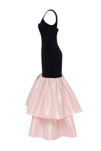 Black fitted maxi dress with pink puffy tiered skirt Parisienne