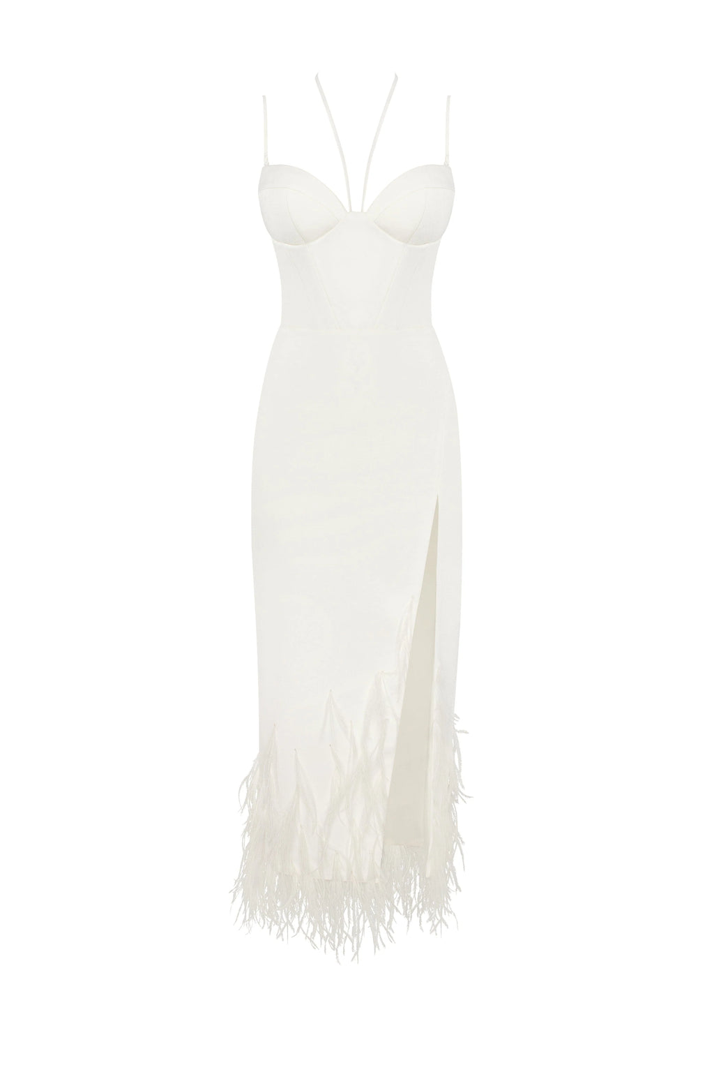 White cocktail dress decorated with feathers Xo Xo