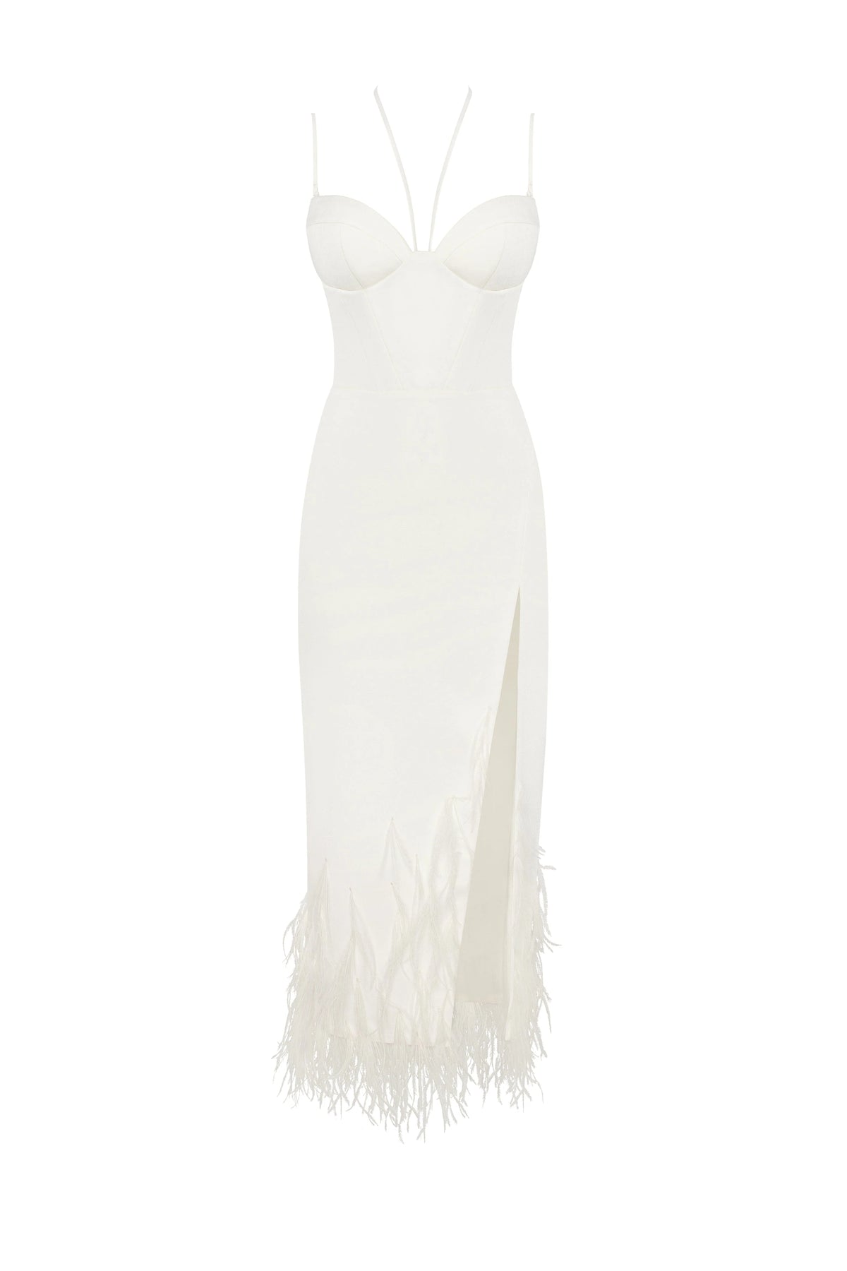 White cocktail dress decorated with feathers Xo Xo