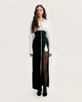 Elegant 3 piece set with white silk blouse white mini skirt and black crepe maxi skirt Xo Xo