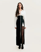 Elegant 3 piece set with white silk blouse white mini skirt and black crepe maxi skirt Xo Xo