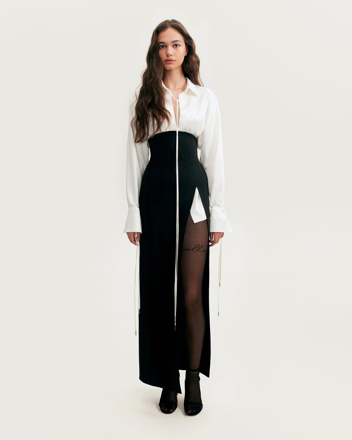 Elegant 3 piece set with white silk blouse white mini skirt and black crepe maxi skirt Xo Xo