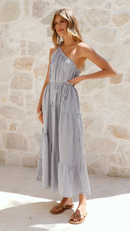 Wendy One Shoulder Maxi Dress Blue White Stripe
