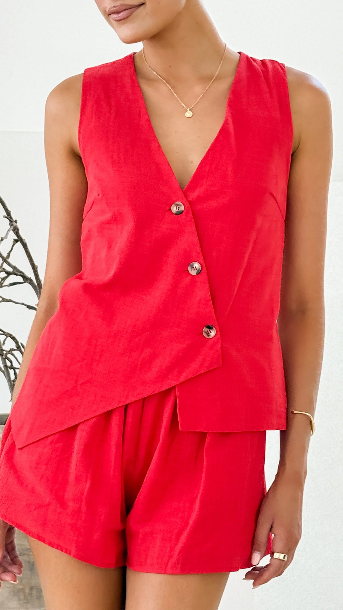 Gallia Asymmetrical Top and Shorts Set Red