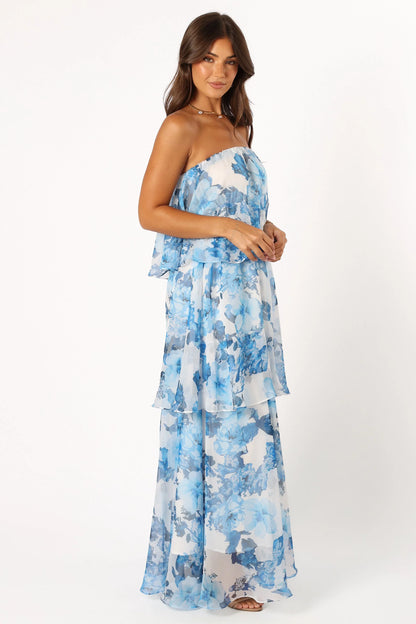 Bloom Strapless Maxi Dress Blue White Floral