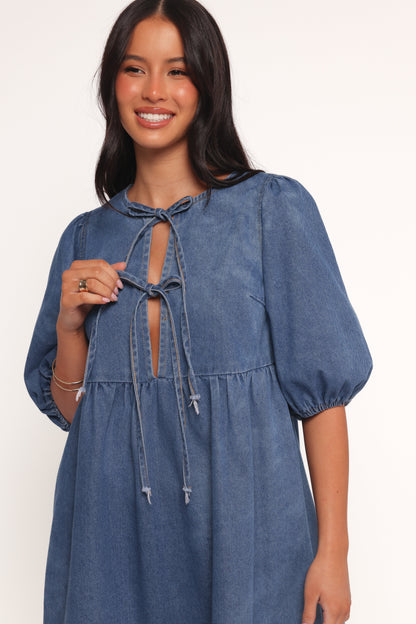 Romana Tie Front Mini Dress Dark Denim