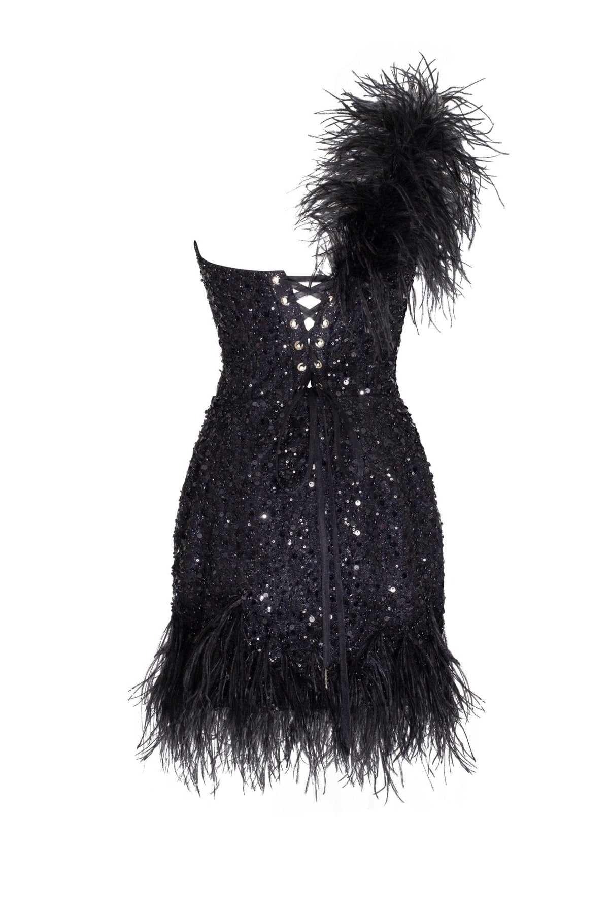 Black Stunning heart shaped mini dress with feathers