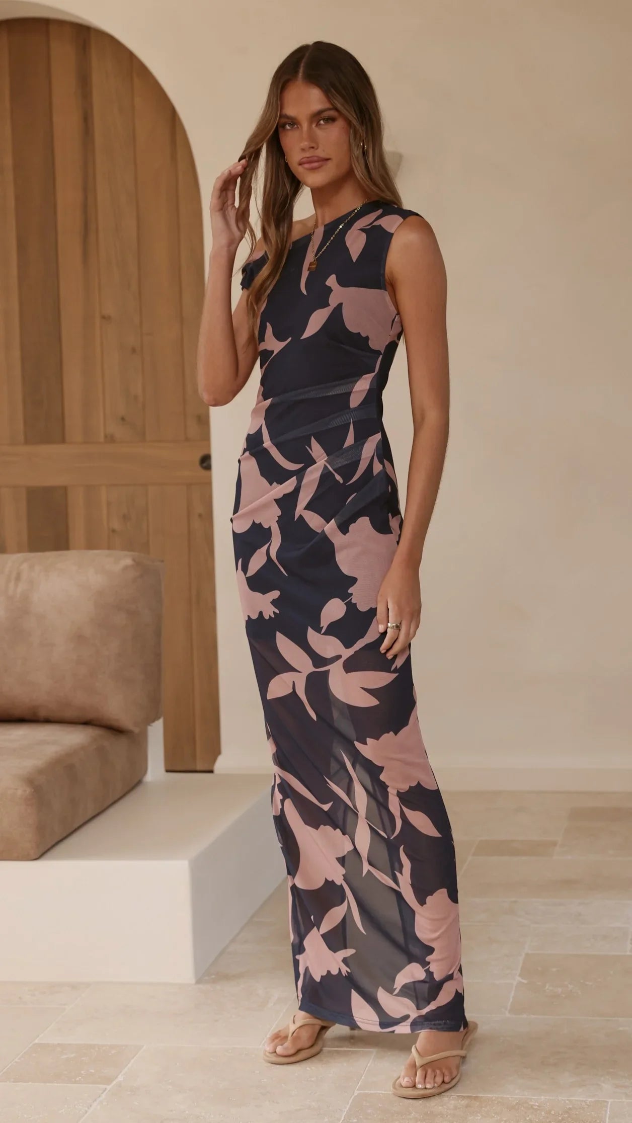 Lilani Mesh Maxi Dress Navy Pink Print