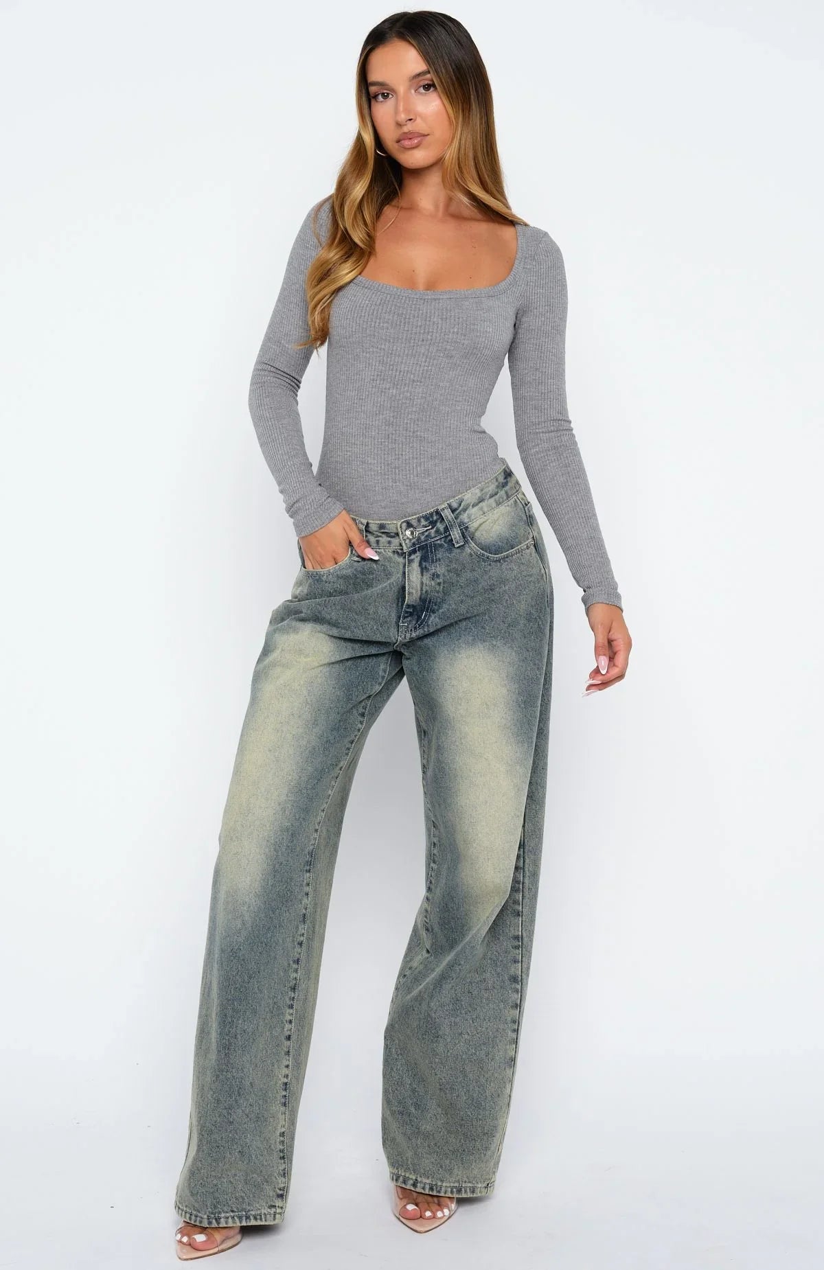 Easy Weekend Ribbed Long Sleeve Bodysuit Grey