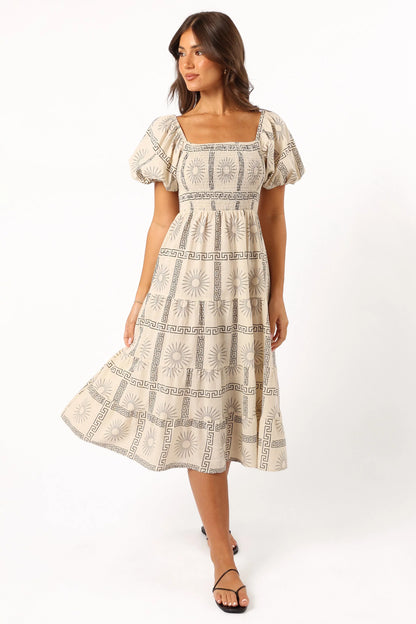 Soliel Puff Sleeve Midi Dress Beige Black