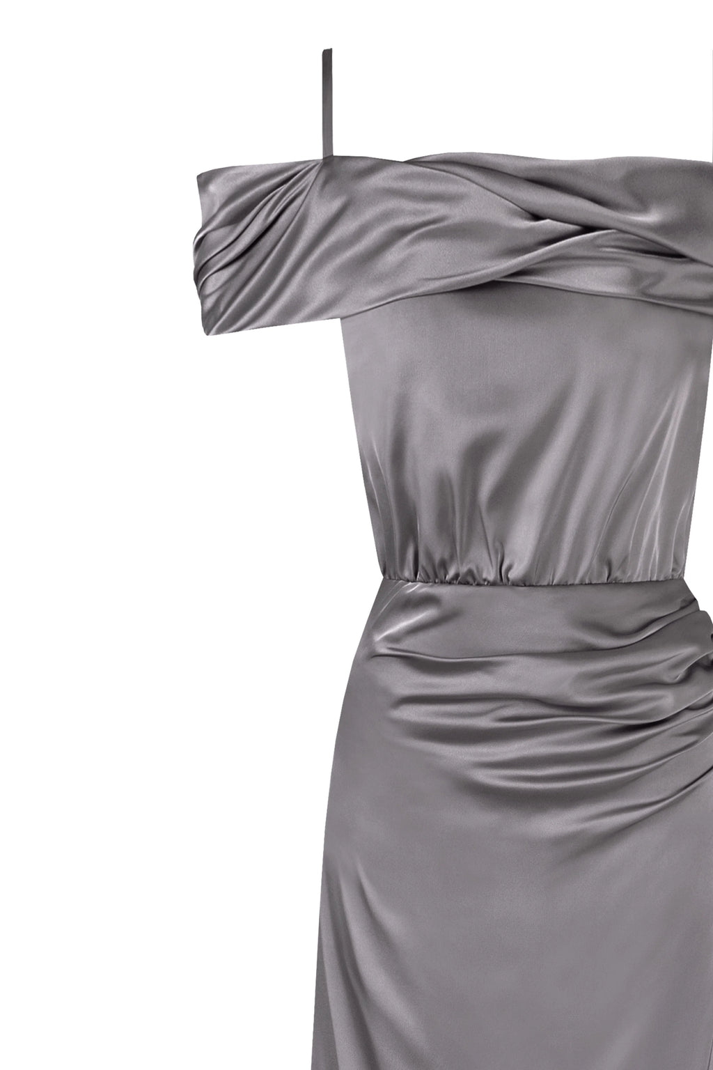 Elegant silver off the shoulder silk maxi dress