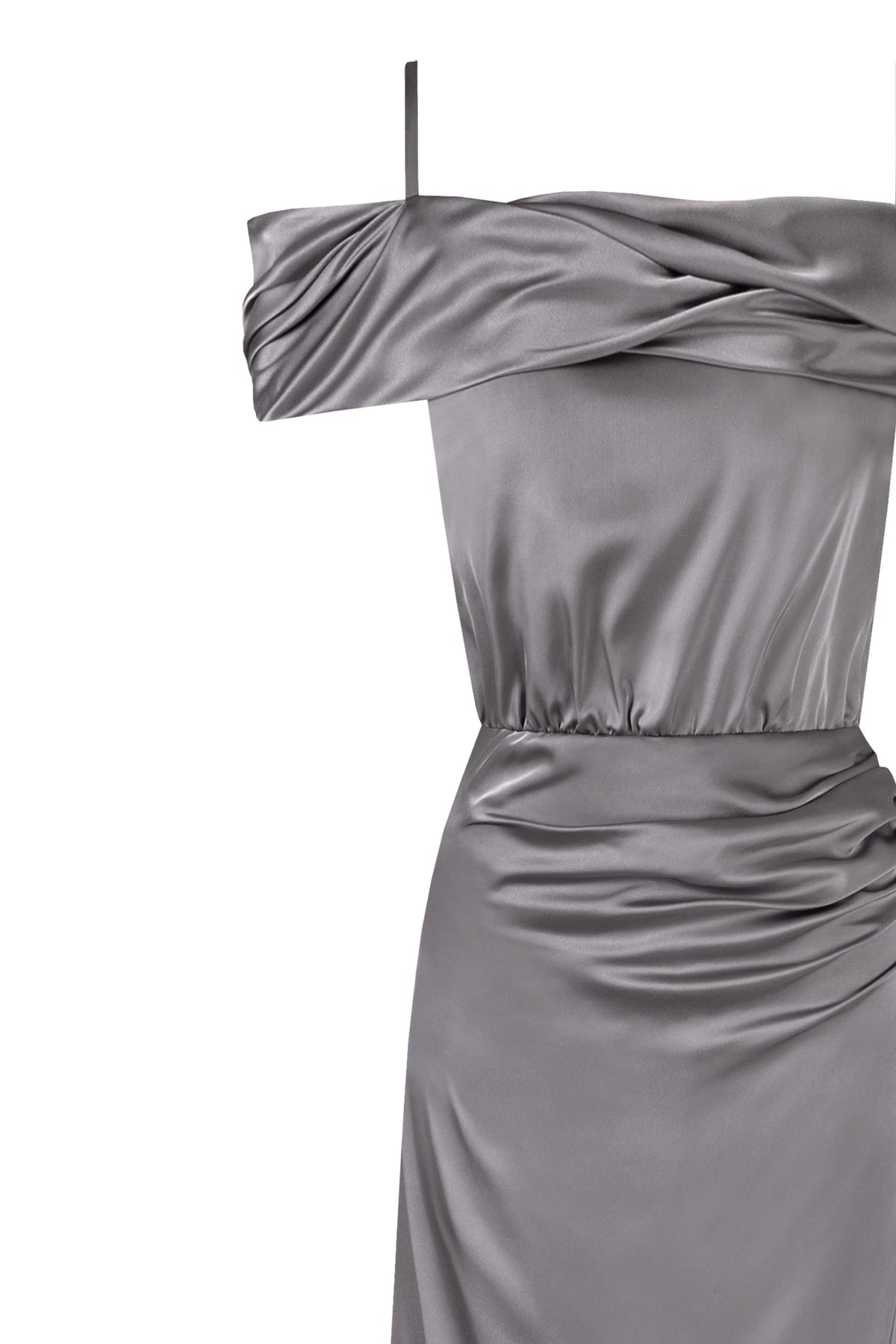 Elegant silver off the shoulder silk maxi dress