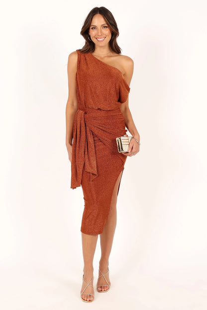 Santiago Off Shoulder Midi Dress Bronze