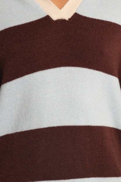 Mikaela Rugby Stripe Knit Sweater Brown Blue Stripe