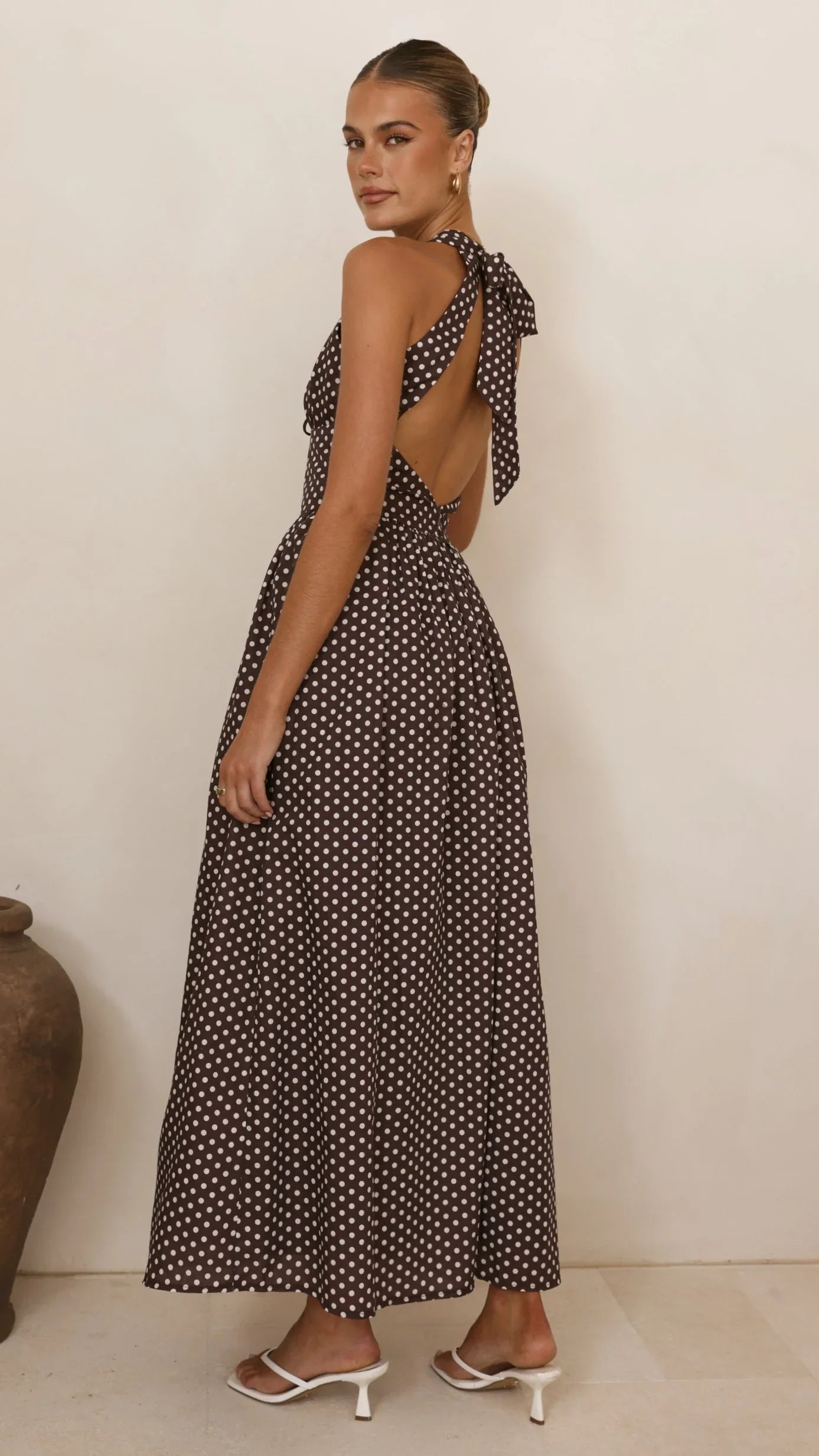 Rachel Tie Back Maxi Dress Chocolate White Spot