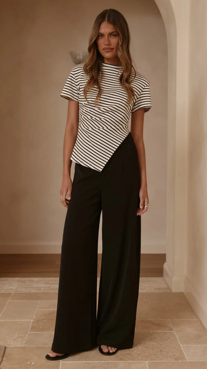 Tiarna Side Ruched Tee Black White Stripe