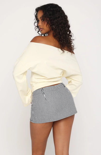 Falling For Him Cinched Waist Off Shoulder Long Sleeve Top Butter