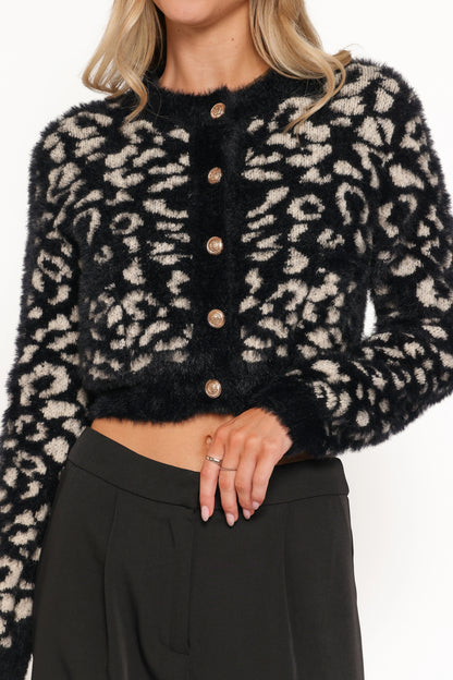 Tyra Animal Print Faux Mohair Cardigan Black