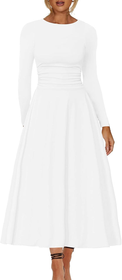 A Line Maxi Dress Ruffle Ruched Waist Flowy Long Dress