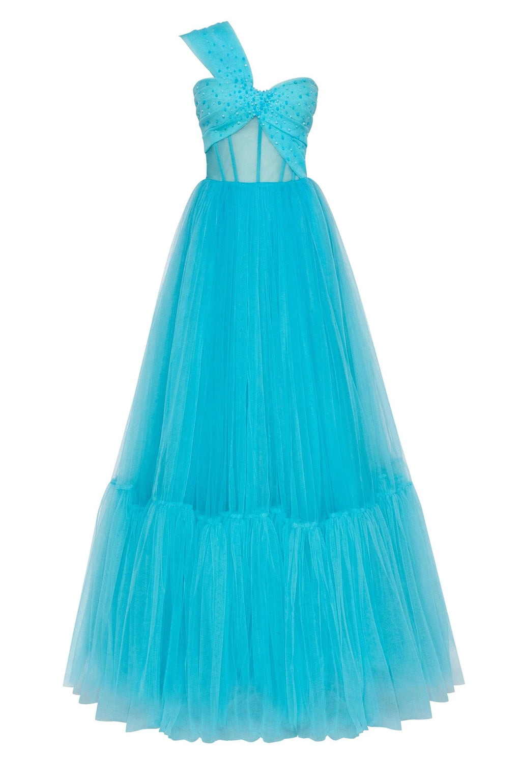 Aquamarine ball gown with one shoulder wrap top