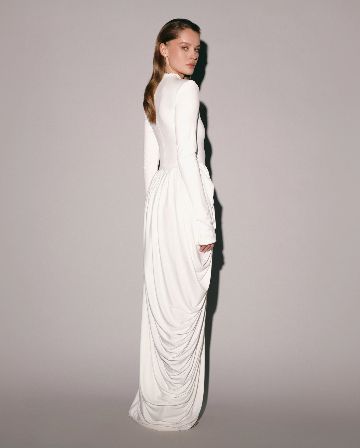 White Maxi Dress with Slit and Long Sleeves