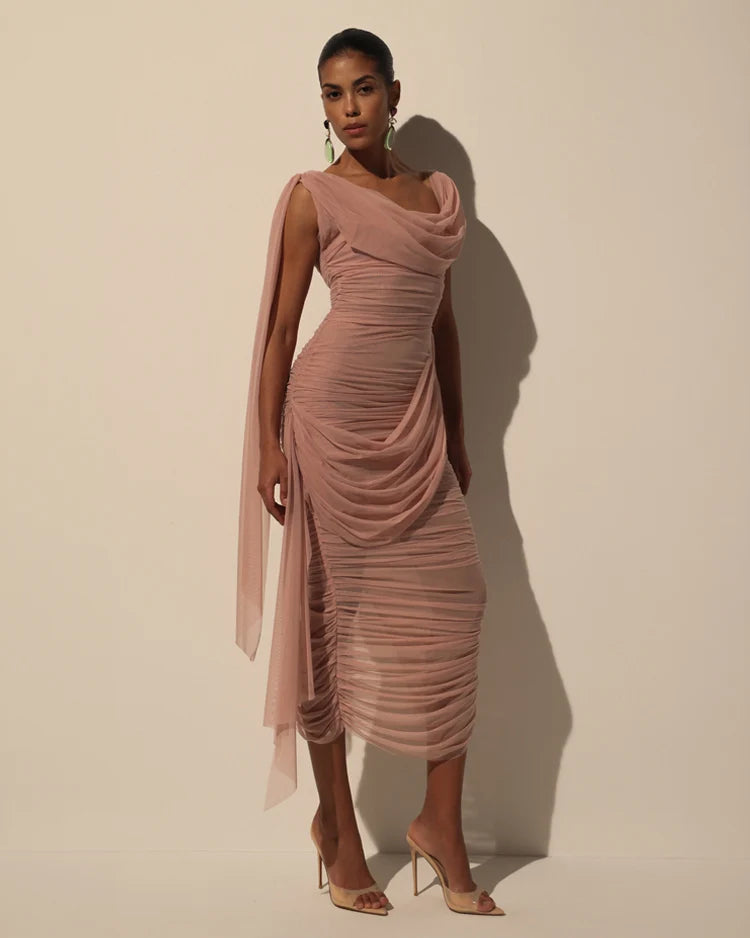 Midi Dress in Italian Mesh with Draping