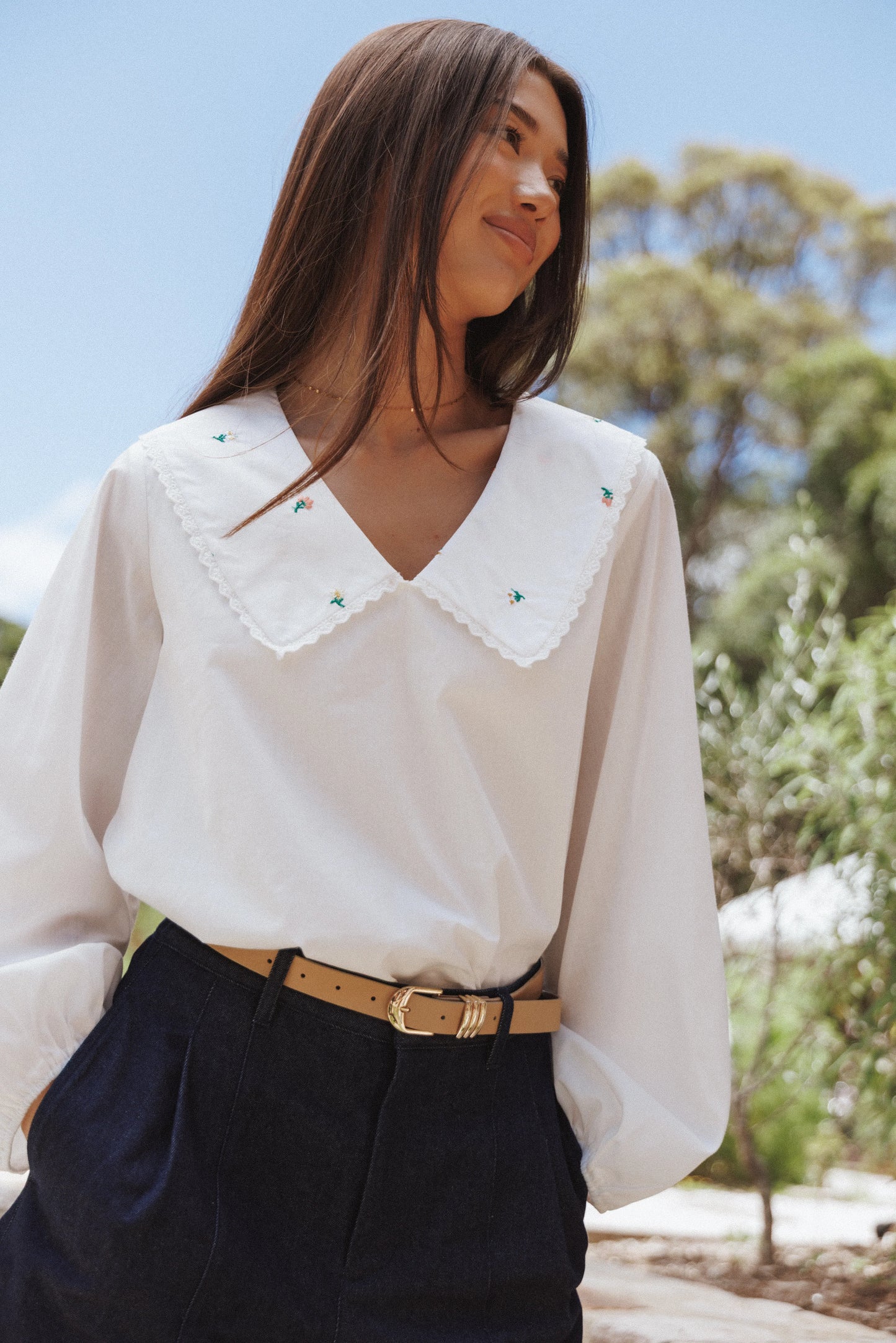 Kenna Embroidered Long Sleeve Top White Floral