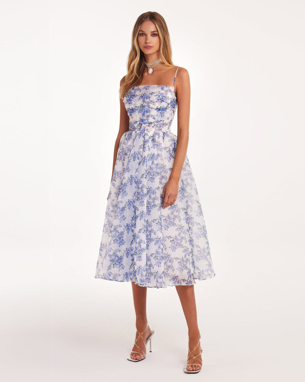 Blue Hydrangea spaghetti strap midi dress
