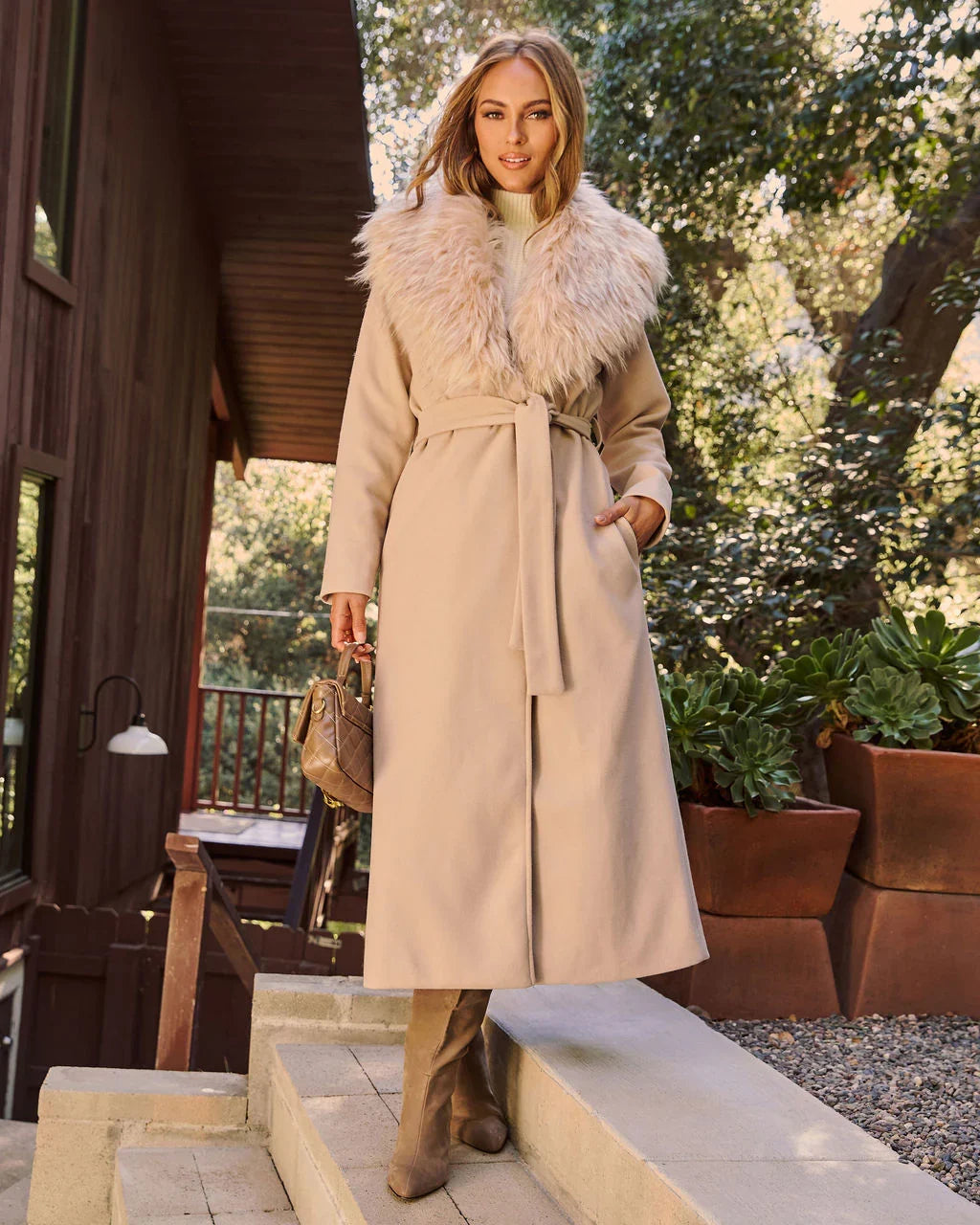 Frederica Pocketed Faux Fur Collar Coat