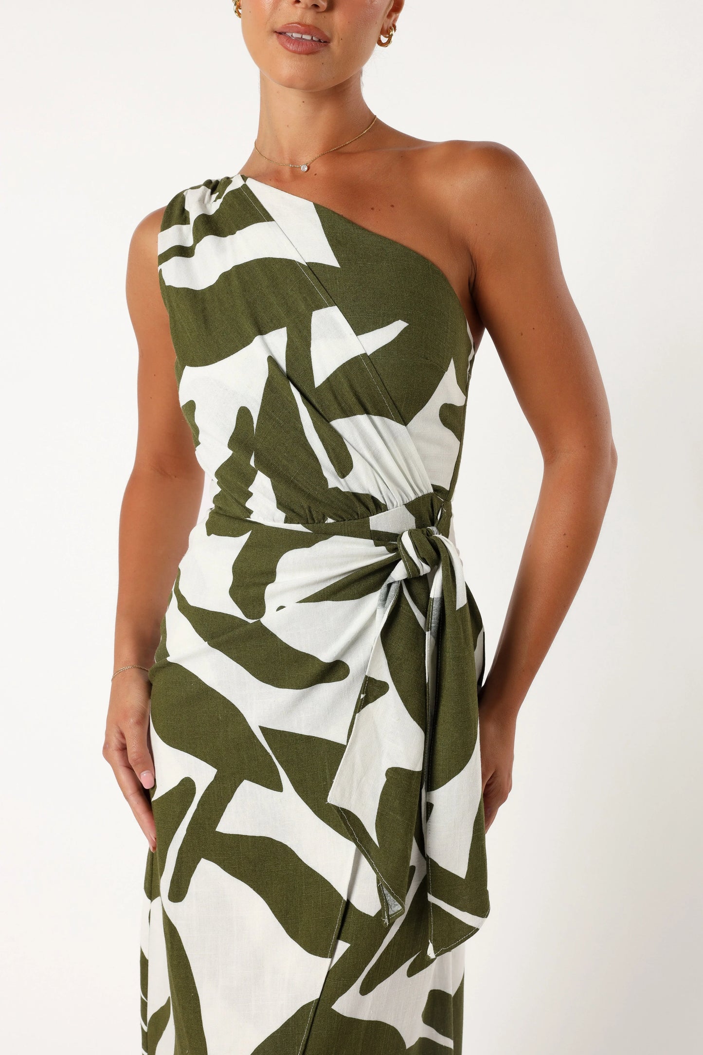 Zara One Shoulder Midi Dress Olive Palm