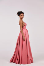 Coral Spaghetti strap ball dress with open back