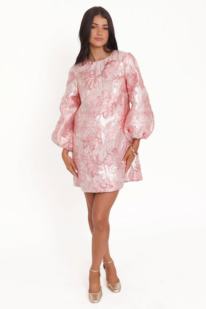 Treloar Long Sleeve Mini Dress Pink Brocade