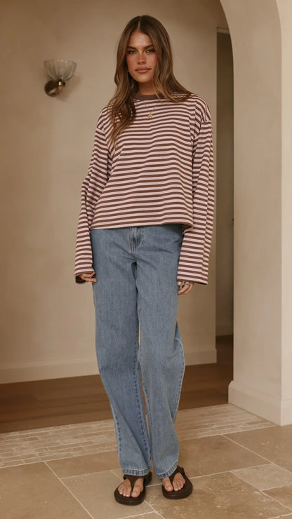 Solana Long Sleeve Top Pink Choc Stripe