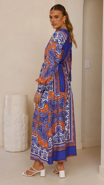 Tasha Maxi Dress Blue Orange Print
