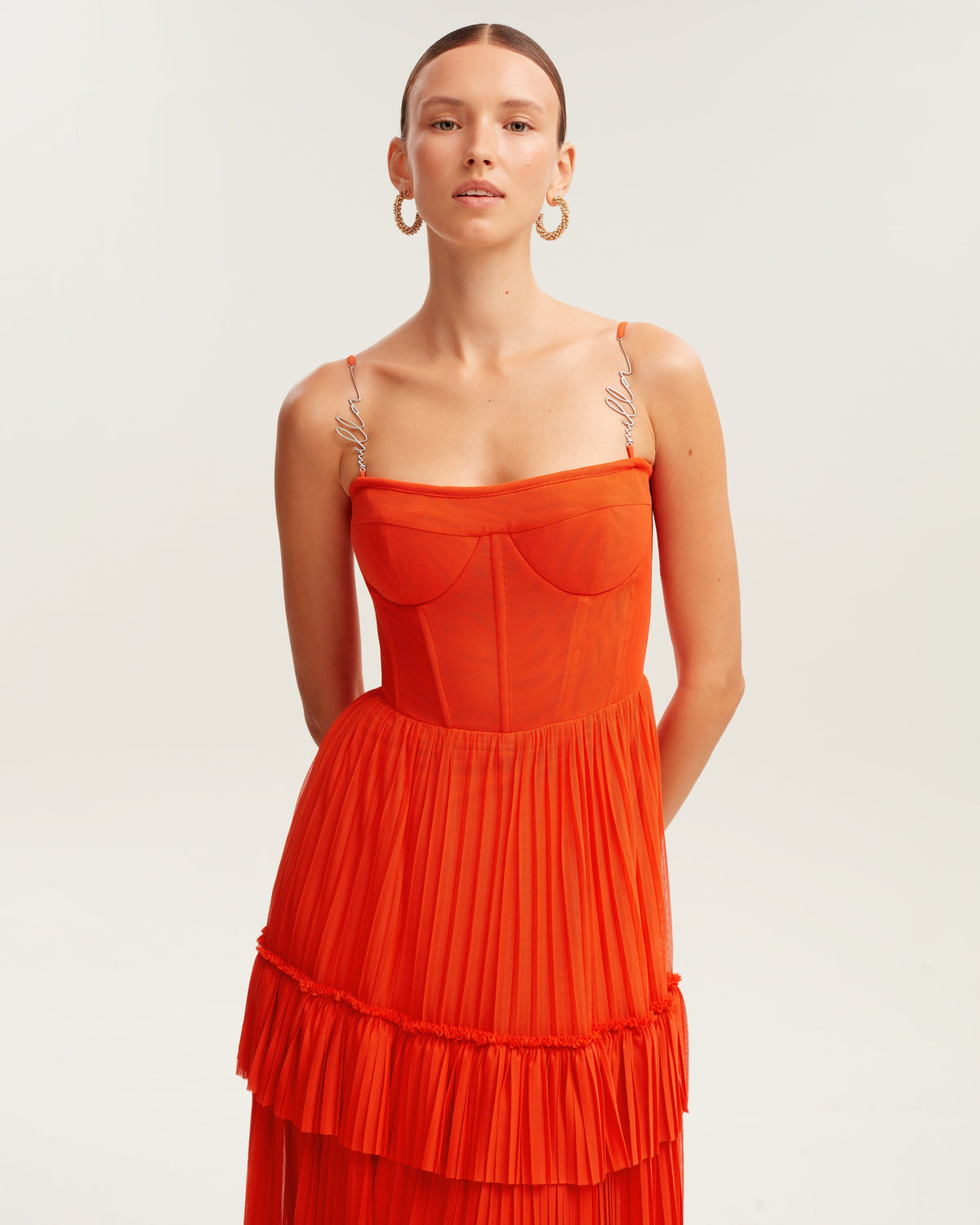 Coral spaghetti strap pleated maxi dress Garden of Eden