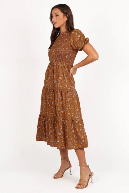 Naura Shirred Tiered Midi Dress Cognac Floral