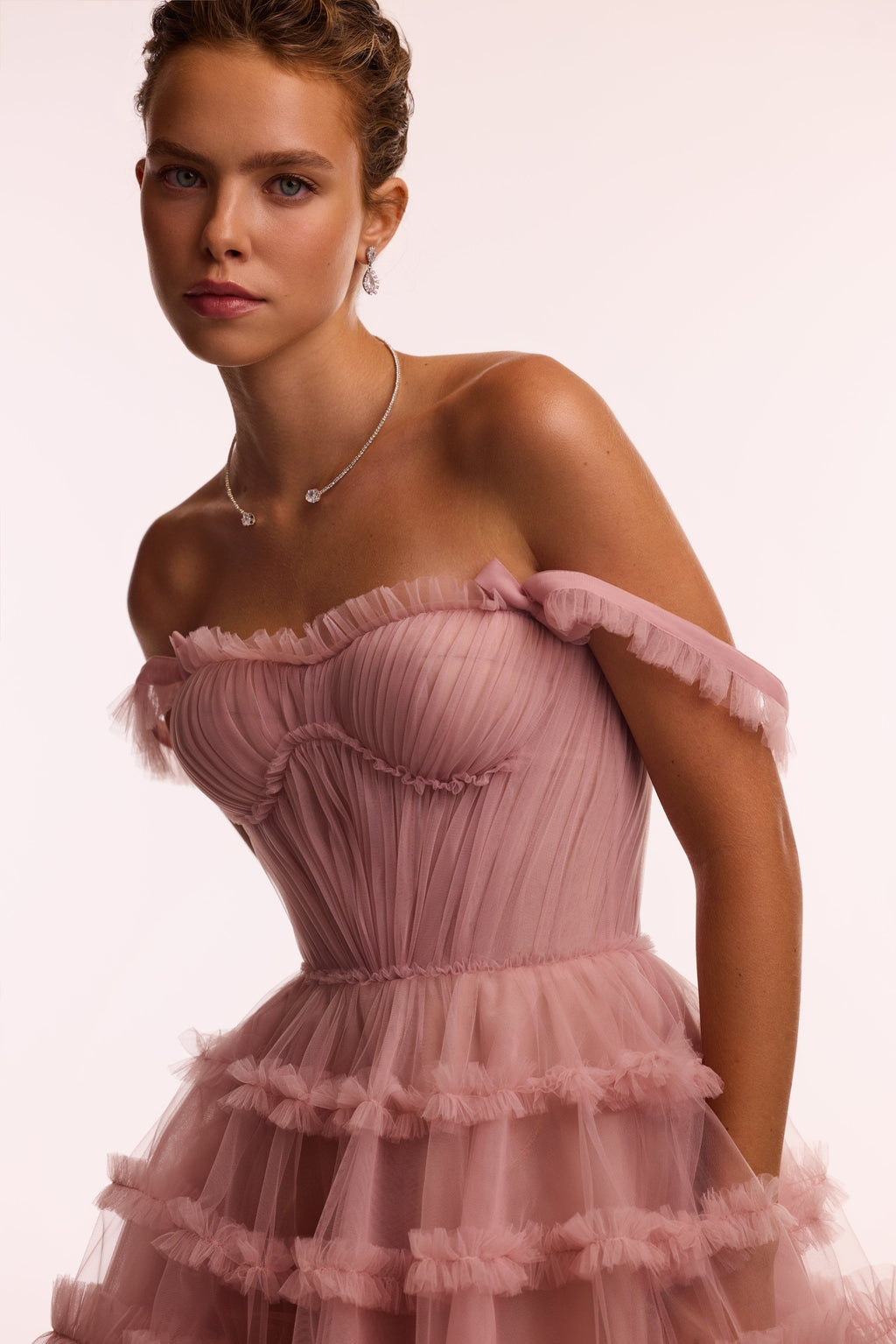 Flirty ruffled tulle mini dress in misty rose Glow Up