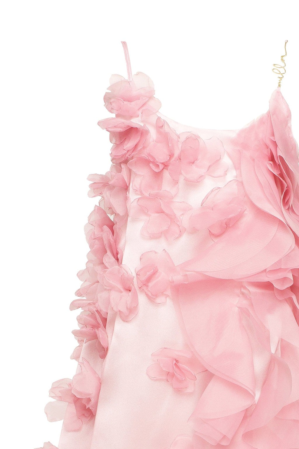 Romantic ruffled pink mini dress with rose appliques Garden of Eden
