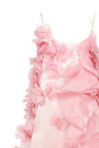 Romantic ruffled pink mini dress with rose appliques Garden of Eden