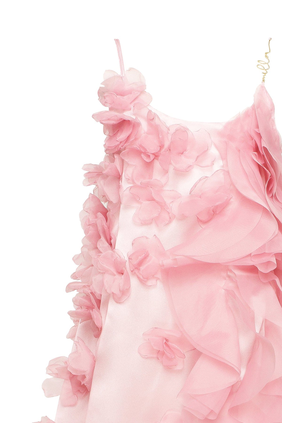 Romantic ruffled pink mini dress with rose appliques Garden of Eden