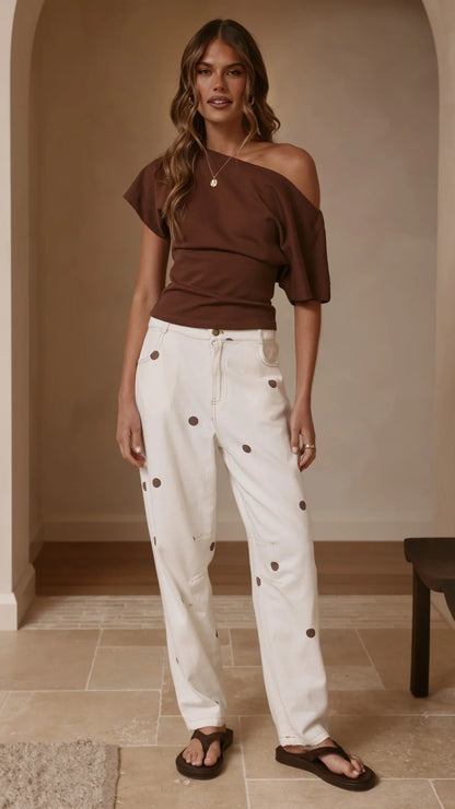 Cleora Barrel Jeans Cream Polka