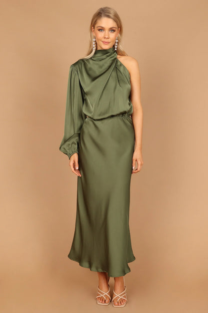 Amelie One Shoulder Midi Dress Olive