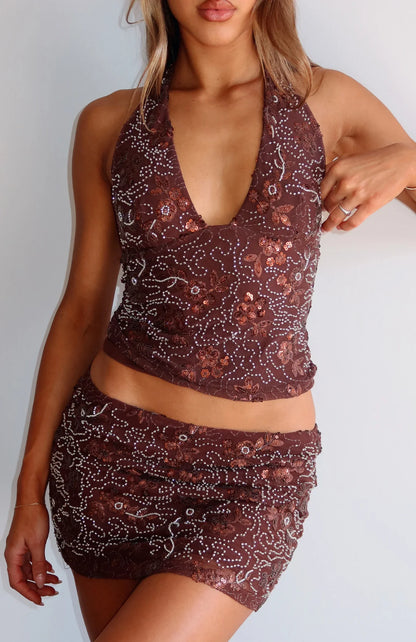 Capri Cove Beaded Mini Skirt Chocolate