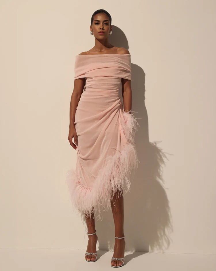 Velvet Pink Midi Dress with Feathers