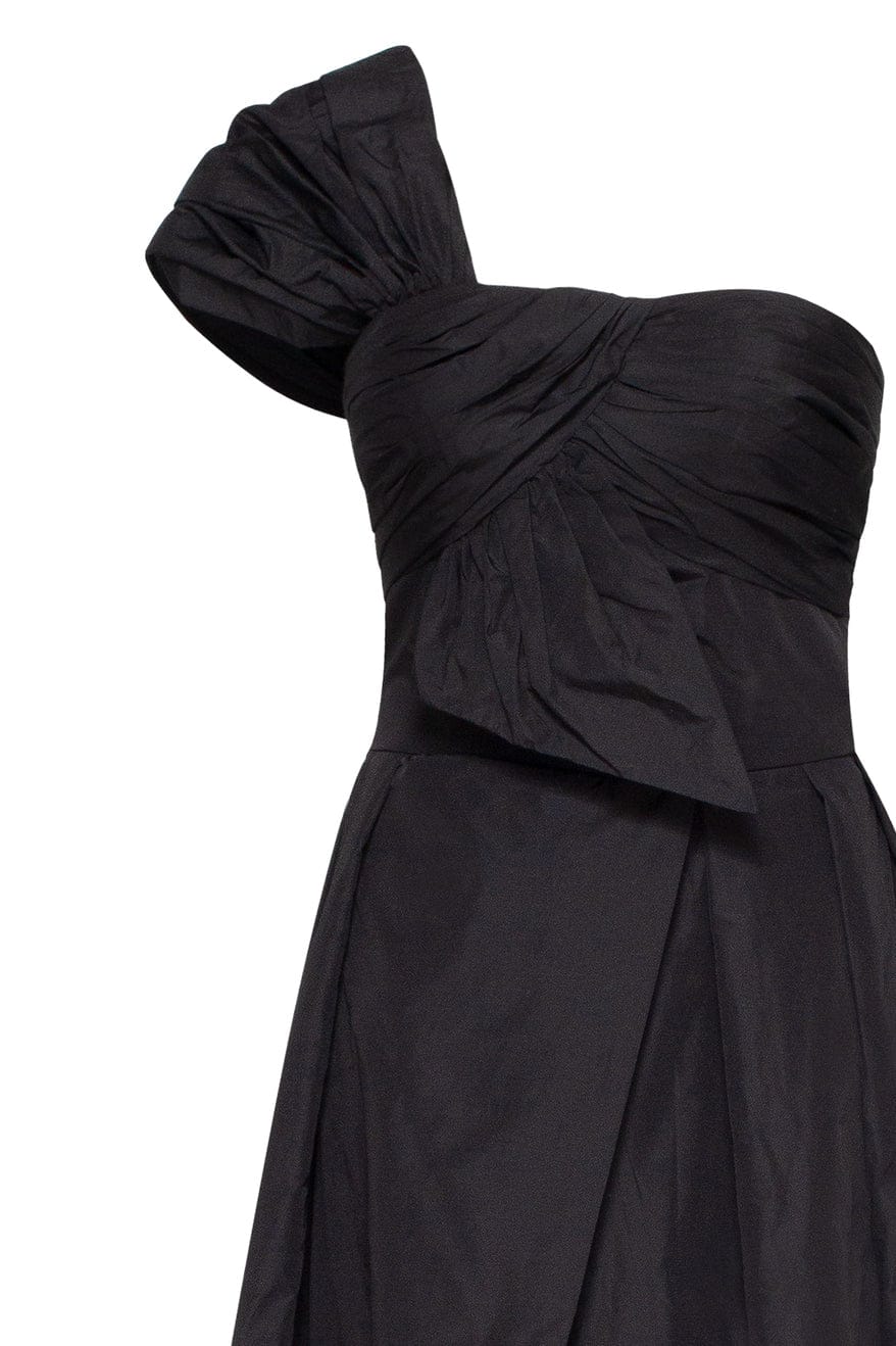 Black taffeta evening gown with a high slit and one shoulder wrap top