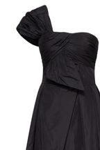 Black taffeta evening gown with a high slit and one shoulder wrap top