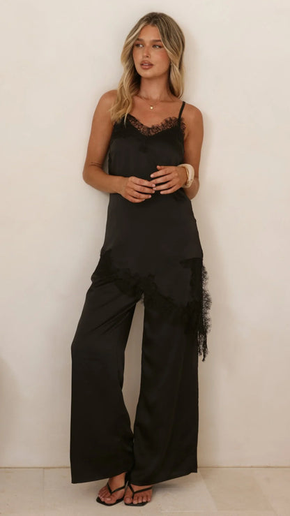 Hayleigh Asymmetrical Top and Pants Set Black Lace